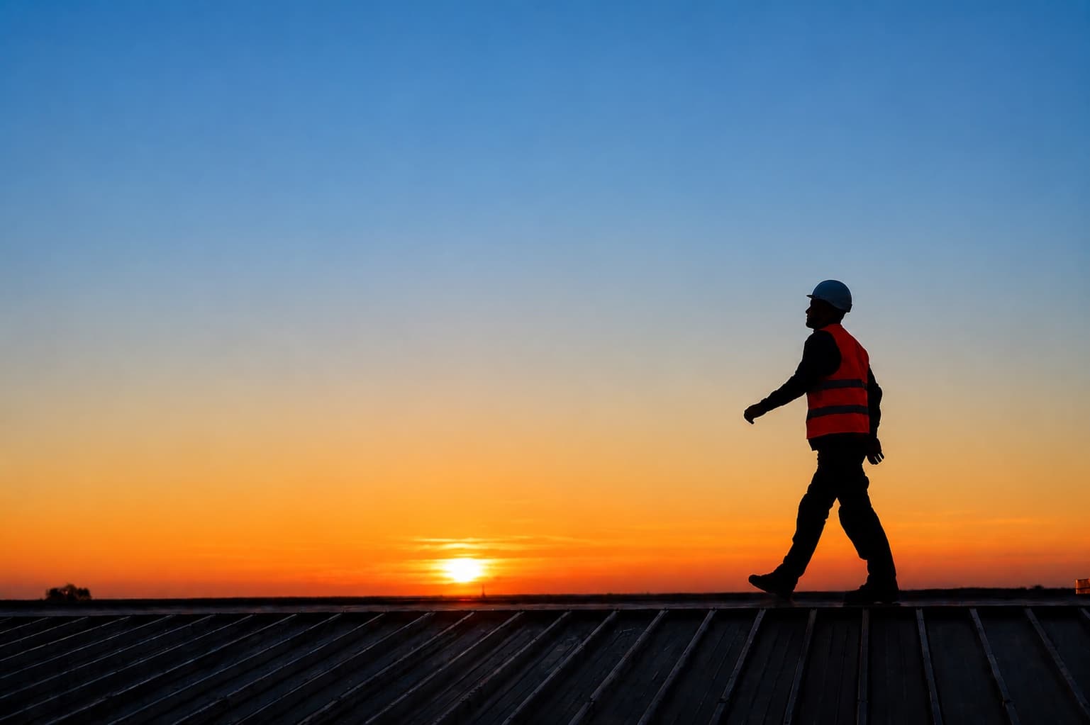 Construction worker in a hard hat and safety vest walking along a rooftop at sunset